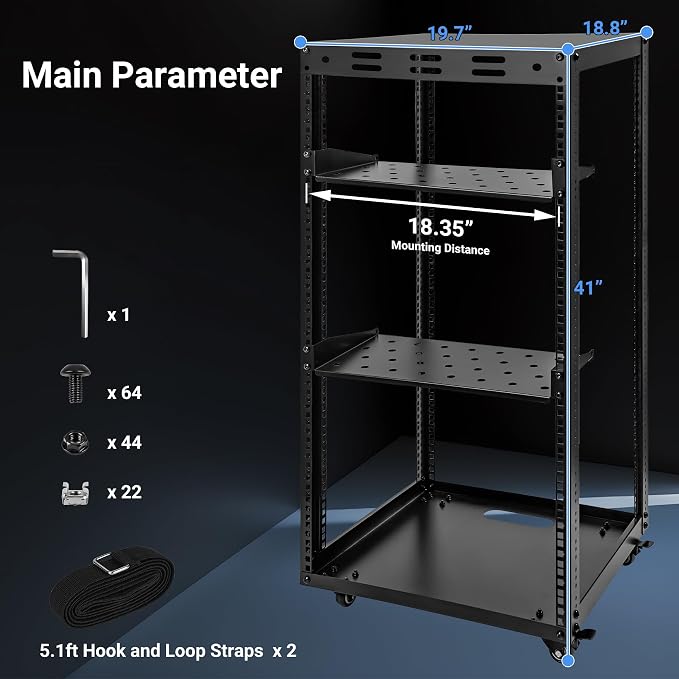 20U Server Rack w/ 2 Racks, Versatile Open Frame IT Rack - Wall-Mount, Rotate and Push w/Ease, AV Rack w/Top & Bottom Panels, Hook and Loop Straps for 19" Stereo/Data/IT/Computer Equipment