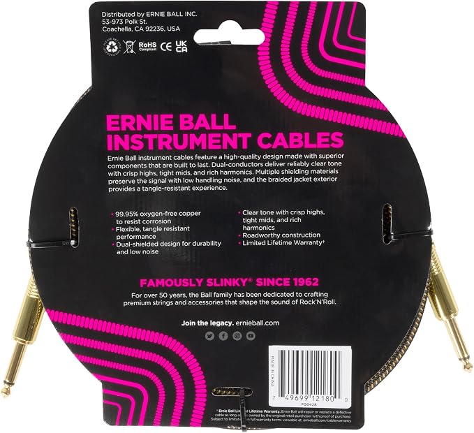 Ernie Ball Braided Instrument Cable Straight/Straight 10ft - Pay Dirt (P06428)