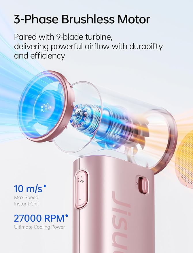 JISULIFE Mini Handheld Fan Life9S - Sleek Chrome: Turbo Power, 22 Hours Cooling, LED Display, 5000mAh, 5-Speed, Small Portable Fan for Travel, Cruise, Concerts, Trendy Gifts for Women Men-Pink