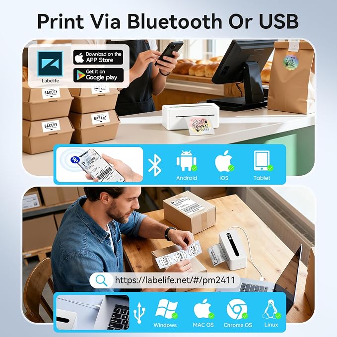 TATTMUSE Bluetooth Thermal Label Printer, 4X6 Shipping Label Printer for Small Business, Wide Format Plotter Printer Compatible with Phone, iOS, Android, Windows, Mac, Amazon, Ebay, Shopify, White