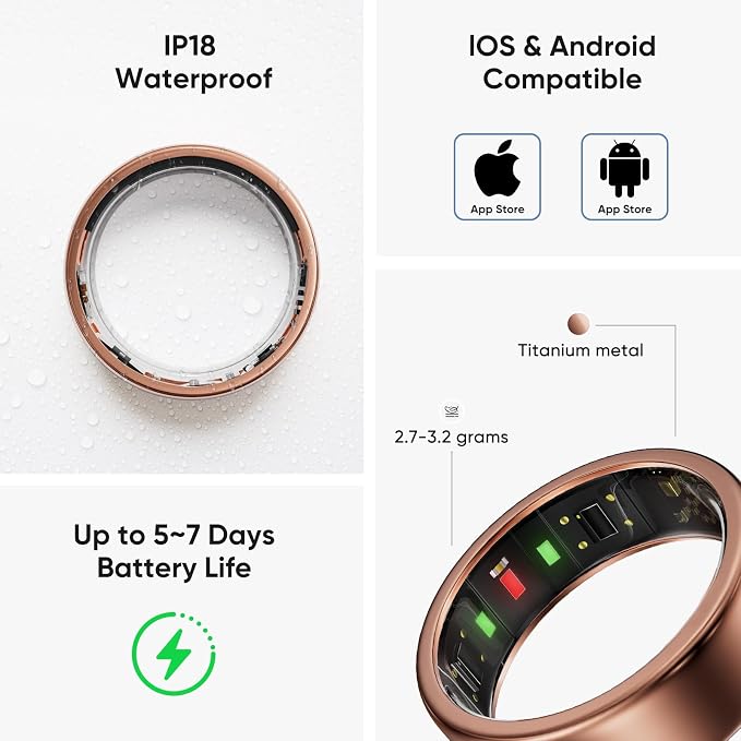 Smart Ring, Titanium Health & Fitness Tracker with Sleep, Heart Rate & SPO₂ Monitoring, Ultra-Light, 4–6 Day Battery, No Subscription, for Women & Men (Rose Gold 8)