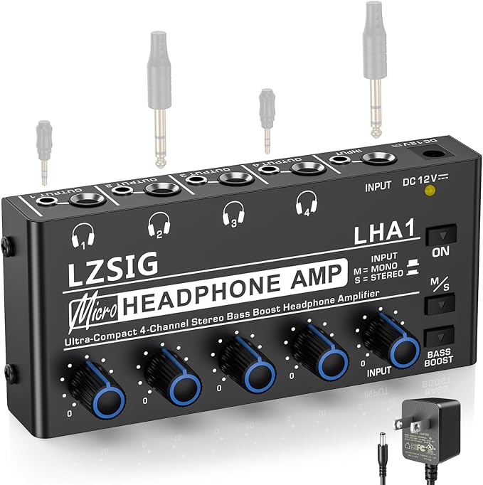 LZSIG Headphone Amplifier 4 Channel, Metal Stereo Audio Amplifier with Bass Boost, Mini Earphone Splitter with Power Adapter, 1/4" & 1/8" TRS Headphones Output & TRS Audio Input, DC 12V