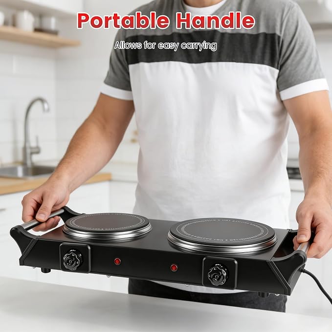 Electric Burner, Electric Hot Plate for Cooking Portable Cooking Stove, Countertop Burner Cooktop for Kitchen, Dorm, Temperature Control, Easy to Clean, Black
