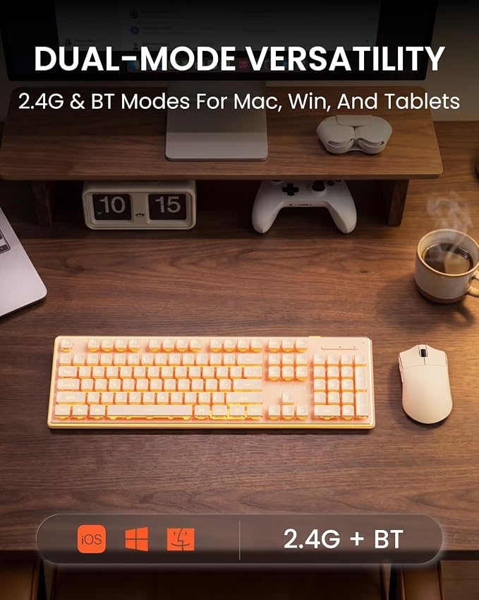 Wireless Keyboard and Mouse Combo with Warm Backlit Pudding Keycaps, Bluetooth & 2.4G, 2000mAh Rechargeable, Full Size, Metal Panel Quiet Computer Keyboard Set for Windows PC Desktop - Rose Gold