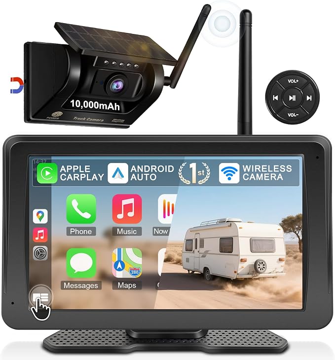 Wireless Backup Camera for Truck RV - 7" Portable Apple CarPlay Android Auto Touchscreen Monitor - 10000mAh Solar Magnetic Rear View Camera for Pickup, Trailer, Camper Van, Fifth Wheel, Box Semi Truck