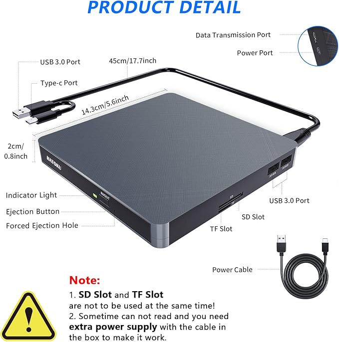 HATOKU External CD/DVD Drive for Laptop (USB 3.0 & USB-C): 8X DVD/24X CD Burner - Portable DVD Player for Laptop - Plug & Play External CD Drive for PC Desktop Windows 11 10 8 7 MacOS Linux (Grey)