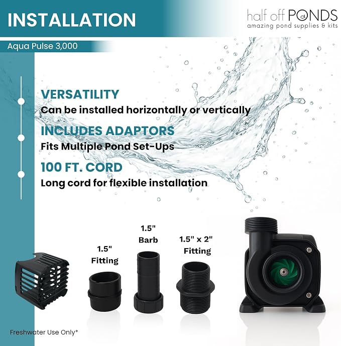 Aqua Pulse Submersible Pond Pump, 3,000 GPH, 100 ft Cord | 19 ft max head, 192W energy efficient, Ultra quiet, For koi ponds, Waterfalls, Fountains