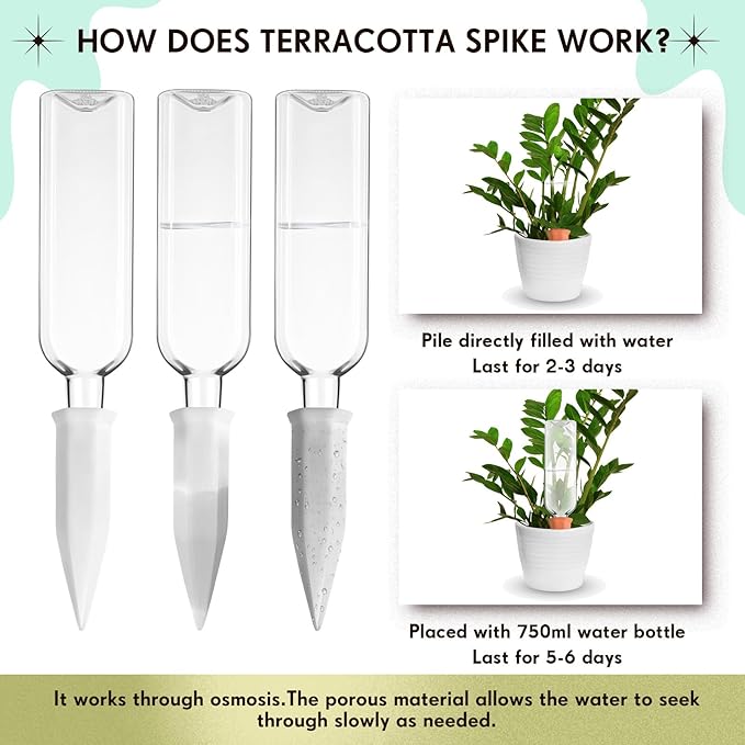 Ziliny 8 Sets White Terracotta Watering Spikes with 25 oz Plastic Bottles Vacation Plant Waterer Self Watering Slow Release Planter for Indoor Outdoor