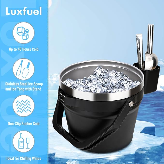 Luxfuel Double-Wall Vacuum Insulated Ice Bucket with Lid, Scoop & Tongs, 256 oz Capacity Stainless Steel Beverage Bucket for Champagne, Cocktails, Wine, Beer, and Large Party - Carbon