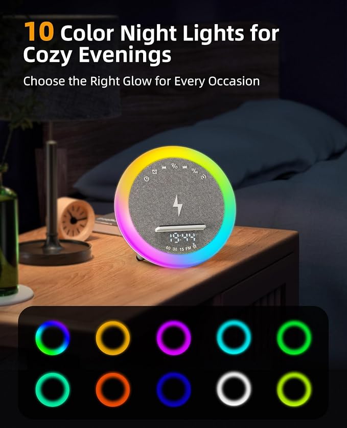 Alarm Clocks with 15W Wireless Charger, Bluetooth Desk Digital Speaker, Modern RGB Night Light Lamp with White Noise Sound for Teen Kids Girl Birthday