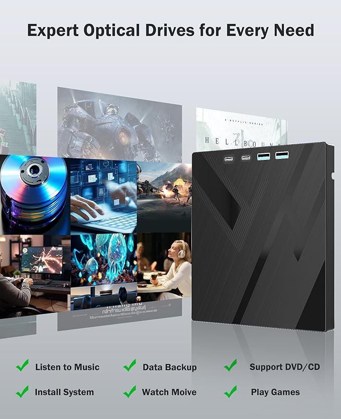 Wbacon 7 in 1 External CD/DVD Drive for Laptop, Portable DVD Player for Laptop with SD/TF Port, External DVD Drive with USB 3.0/Type C, CD Drive USB for PC Windows Linux