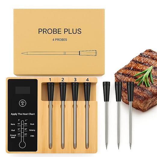 Bluetooth Meat Thermometer | Digital Wireless Meat Thermometer with Ceramic Ultra-Thin 4 Probes| Remote Range- Real time Reading | Monitor Meat Temp for BBQ Upto 300°C (572°F) App for iOS Android