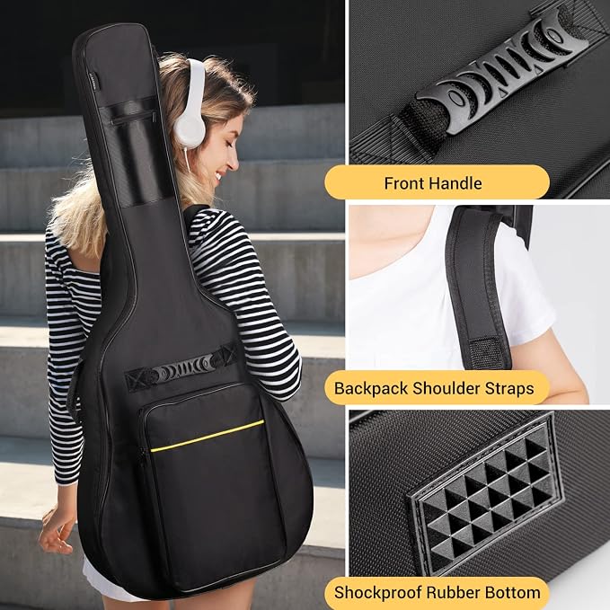 CAHAYA 41 In Acoustic Guitar Bag 0.35 In Thick Padding Water Resistent Dual Adjustable Shoulder Strap Guitar Case Gig Bag with Back Hanger Loop, Black CY0152
