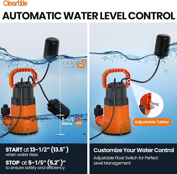 Cleartide Submersible Water Sump Pump with Float Switch, 1/2 HP 3060 GPH High Flow, Ideal for Yard and Flooded Cellar, Hot Tub, Garden Irrigation, Debris-Handling up to 3/8"