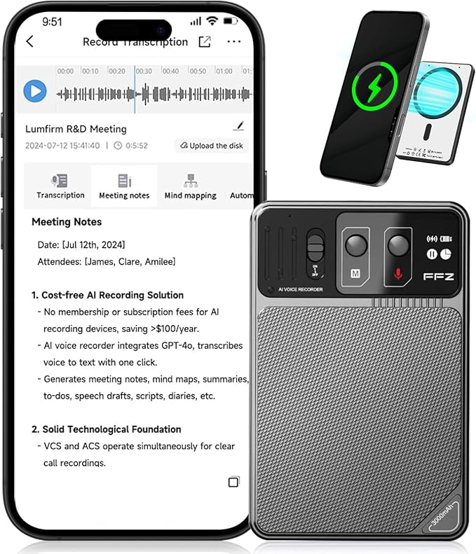 AI Voice Recorder with Lifetime Free Transcription - ChatGPT Powered 107 Languages Translator, 64GB Smart Recorder with App Control for Meetings/Lectures, 60H Battery & Military Encryption (Grey)