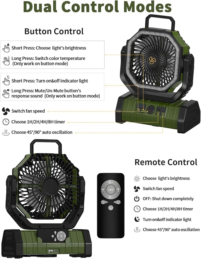 ADUST Camping Battery Powered Fan with LED Light 20000mAh Rechargeable Portable, Oscillating Cordless USB Desk Fan with Rotation Hanging Hook for Tent, Canopy, Beach, Outdoor Travel(Green)