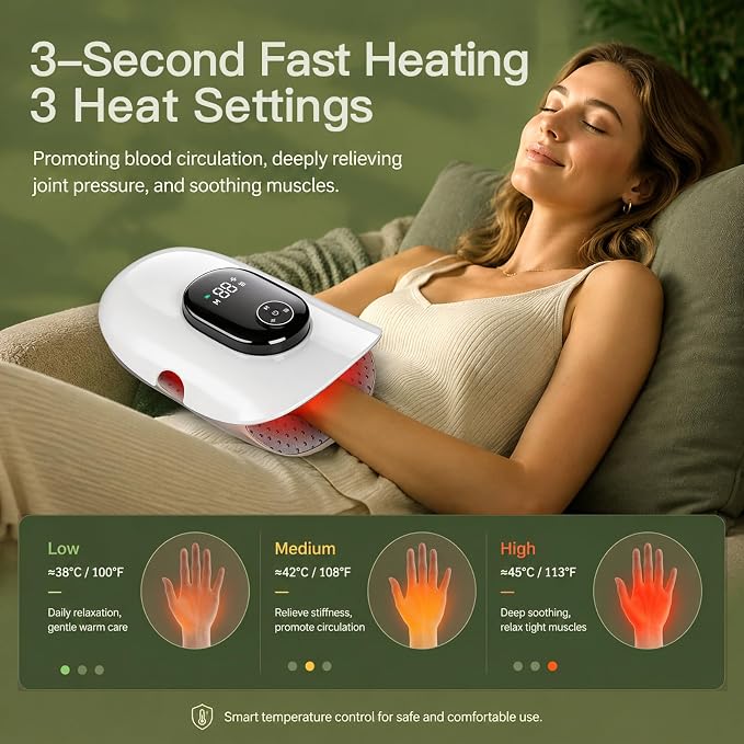 Hand Massager with Heat and Compression, Finger Stretch&Knuckle Stretching, 4 Massage & 5 Compression & 3 Temperatures Modes, Gifts for Women Men (White)