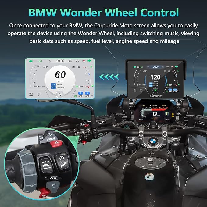 CARPURIDE W502BS for BMW Motorcycle CarPlay & Android Auto Dual Bluetooth, 5" Waterproof GPS Navigation Screen, Data Reading, Native Wonder, TPMS, Light Sensor, Music Sharing, Intercom, 16-Pin