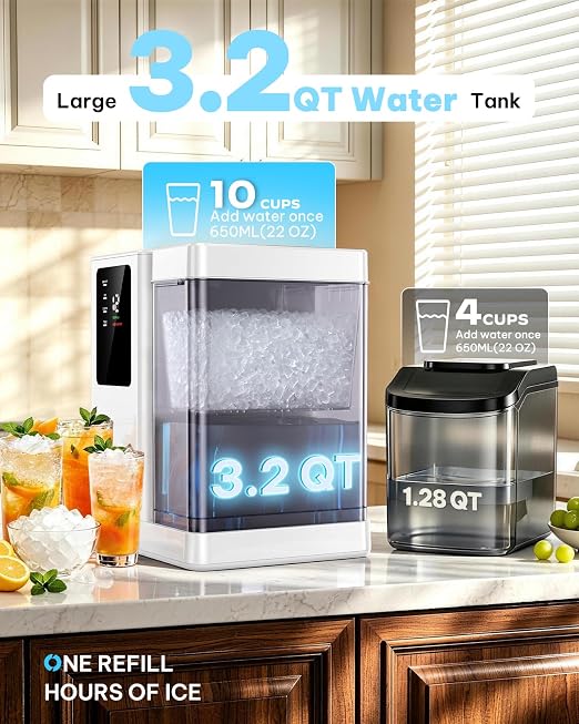 Silonn Nugget Ice Maker Countertop with 3L Detachable Tank – 40 lbs/Day Self-Cleaning & Timer, 40 dB Quiet for Home Bar Party Office, Chewable Nugget Ice Machine for Summer & Cold Drinks, White