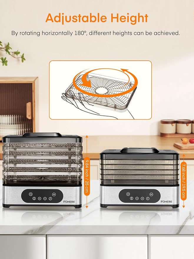 FOHERE Food Dehydrator, 5 BPA-Free Tray Dehydrators for Food and Jerky, Fruit, Herbs, Meat, Dog Treats, 48H Timer and 95-158°F Temperature Control, 400W Dehydrator Machine, 11.42" Stackable Trays