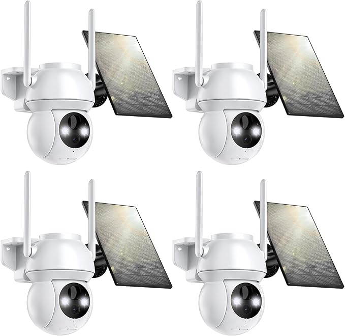 Solar Security Camera Wireless Outdoor, 2K HD Color Night Vision Home Security Camera System with 360° View Battery Powered Spotlight & Siren WiFi Camera Outdoor Motion Sensor and 2-Way Audio 4 Pack