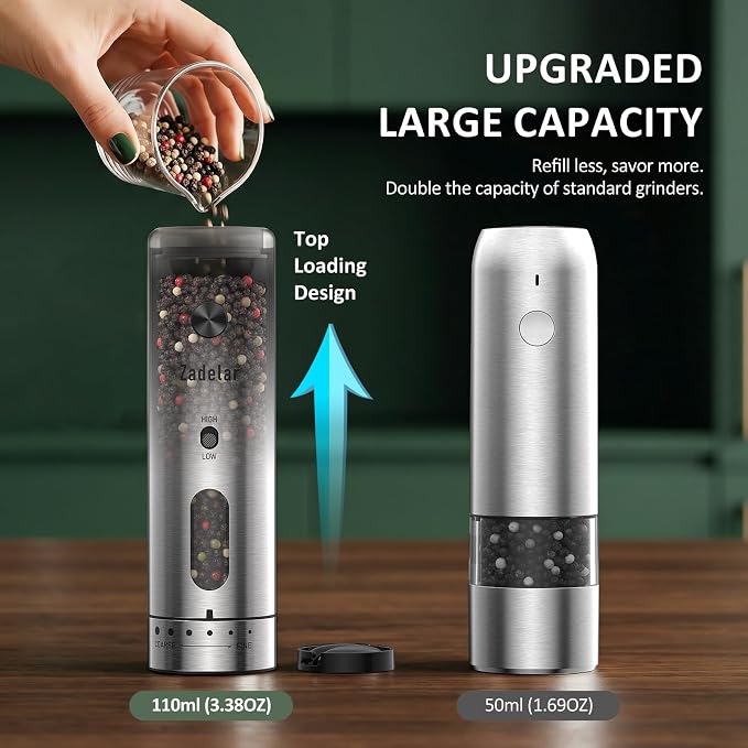 Zadelar Electric Salt and Pepper Grinder Set with Charging Base, Rechargeable Pepper Mill with 6-Level Visible Coarseness Adjustment, High/Low Variable Speeds, Stainless Steel, One-Handed Operation
