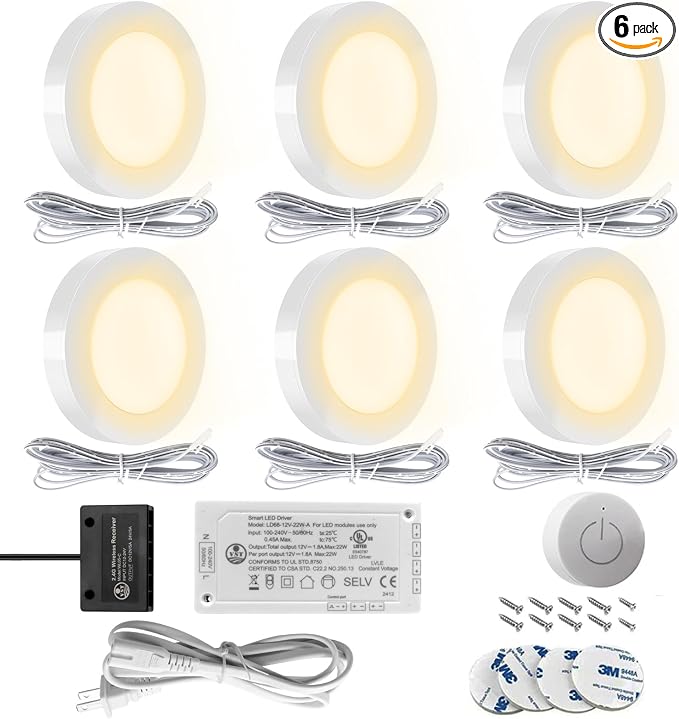 VST Under Cabinet Lighting Plug in with Wireless Touch Dimmer Switch, Recessed or Surface Mount Design, Warm White 3000K 12V 2W(12W Total, 60W Equivalent), 6 Pack Puck Lights Fixtures