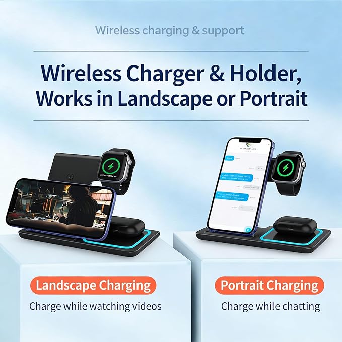 3-in-1 Foldable Wireless Charger with Night Light - 15W Fast Wireless Charger for Simultaneous Charging of Phone, Watch & Earbuds, Compatible with All Qi-Certified Devices,X455 Black.