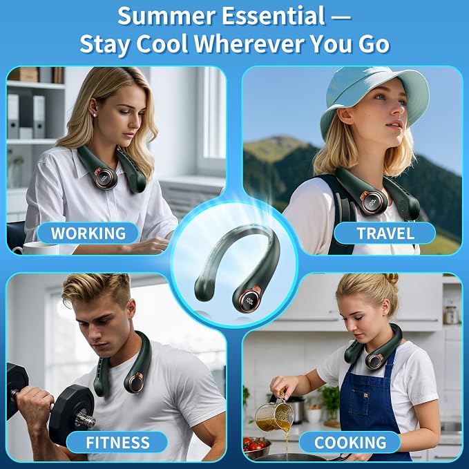 BNBZ Portable Neck Fan, 6000mAh Rechargeable Fan Blows Cold Air with LED Display, 4 Speeds, 20H Runtime, Quiet Wearable 360° Personal Cooling Fan for Outdoor Travel Work Gym,Fireplace Fans-Green