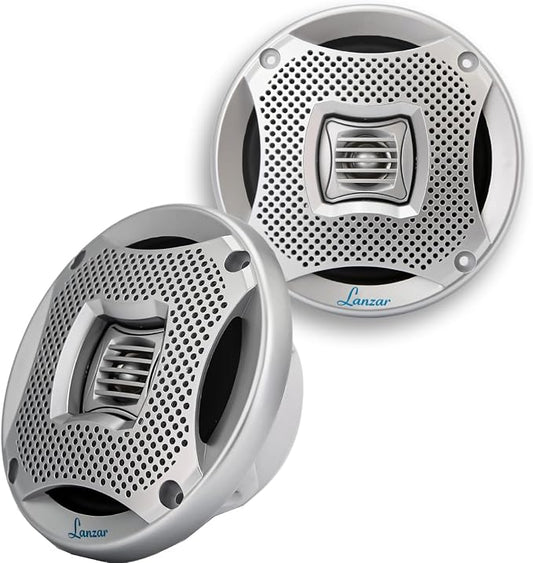 LANZAR 6.25 Inch Marine Speakers - 2 Way Water Resistant Audio Stereo Sound System with 400 Watt Power, Attachable Grills and Resin Treatment for Indoor and Outdoor Use - 1 Pair - AQ6CXS (Silver)