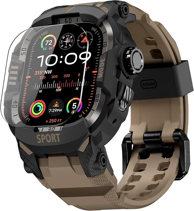 DABAOZA Rugged Case with Band Screen Protector Compatible with Apple Watch 49mm, for iWatch Ultra 3/2/1,Military Grade Shockproof Bumper and Men's Tactical Heavy Duty Strap(Desert Tan,49MM)
