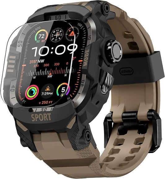 DABAOZA Rugged Case with Band Screen Protector Compatible with Apple Watch 49mm, for iWatch Ultra 3/2/1,Military Grade Shockproof Bumper and Men's Tactical Heavy Duty Strap(Desert Tan,49MM)
