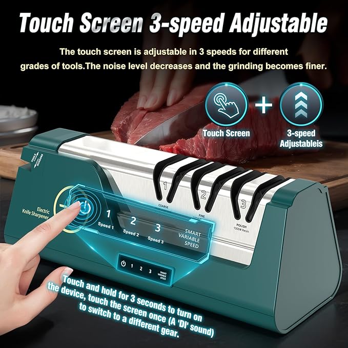 Professional Electric Knife Sharpener with 100% Diamond Abrasives & Precision Angle Guides, 3-Speed Variable 4-Stage Open Touch-Screen Knife Sharpener for Straight, Serrated Edges, Scissors & Axes | 100% Diamond Abrasives, Precision Angle Guides, 3-Spe...