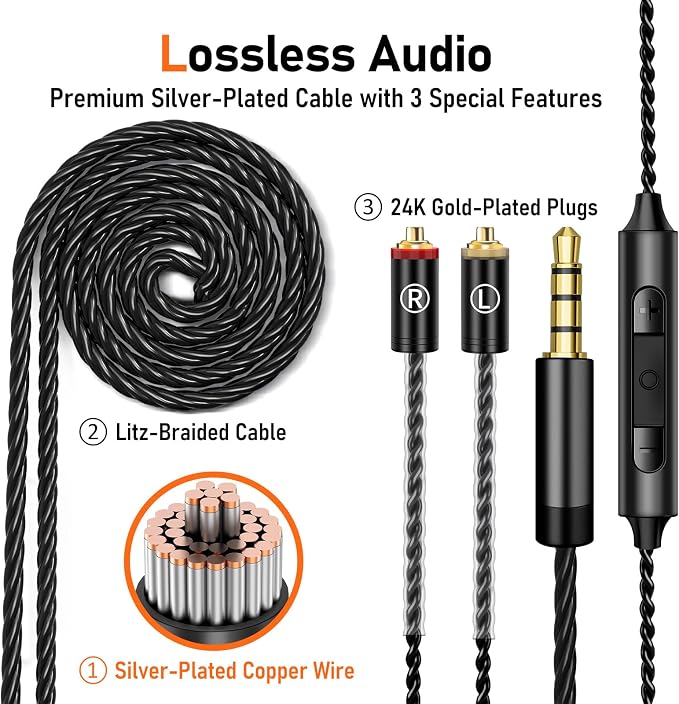 Vibes 202M Wired Earbuds - HiFi in Ear Monitor Headphones - Noise Isolating Ear Buds w/ Mic - Clear Sound, Deep Bass & Comfort-Fit Gaming Earphones - MMCX to 3.5mm & Silver Plated Cord, Carrying Case