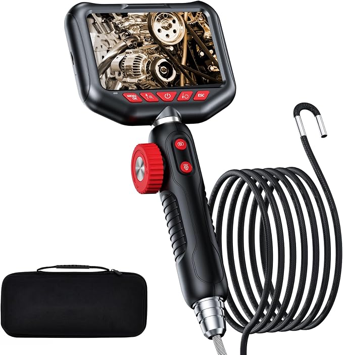 Two-Way Articulating Borescope Camera with Light,360°Rotation,1920P, 6.2 mm Industrial Endoscope IP67 Waterproof Flexible Semi-Rigid Cable for Automotive, Pipe Inspection