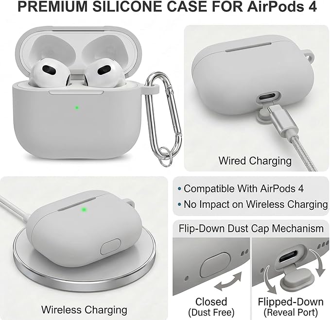 for Airpods 4th Case Cover, Come with Cleaner Kit,Soft Skin Silicone Case Cover with Keychain, Full Protective Case for Men and Women, Compatible with AirPods 4th Generation Case,Grey