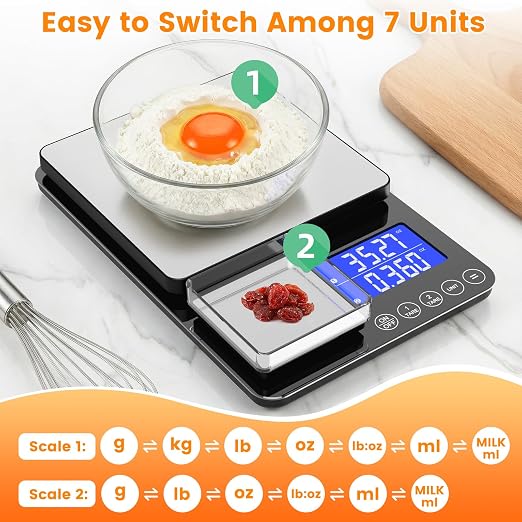 KKZ 0.001oz/33lb Kitchen Scale, Dual Platform Food Scale Grams and Ounces Rechargeable for Weight Loss Baking Cooking Meal Prep Sourdough Bread, Stainless Steel