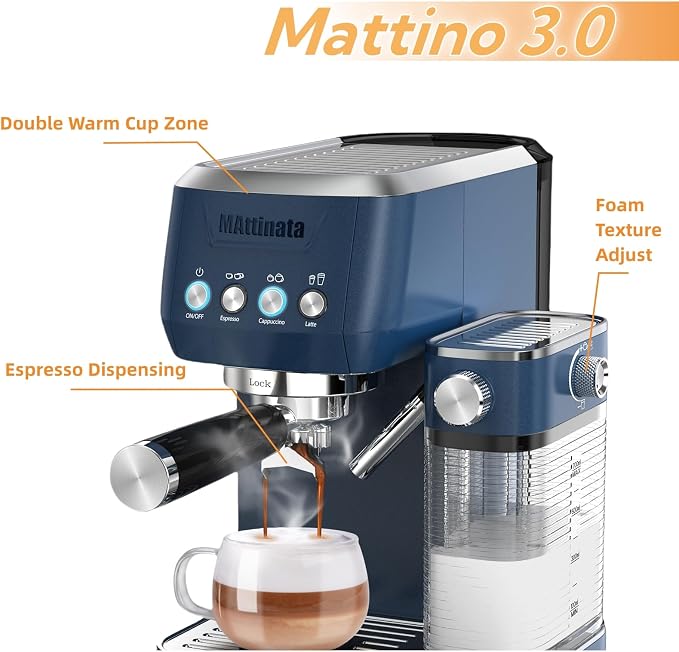 MAttinata Cappuccino Machine, Coffee Maker with Automatic Milk Frother | CM1632L, Blue, 20 Bar Espresso Machine, Adjust Milk Foam for Latte Art, Italian Pump, Compact for Home, Stainless Steel
