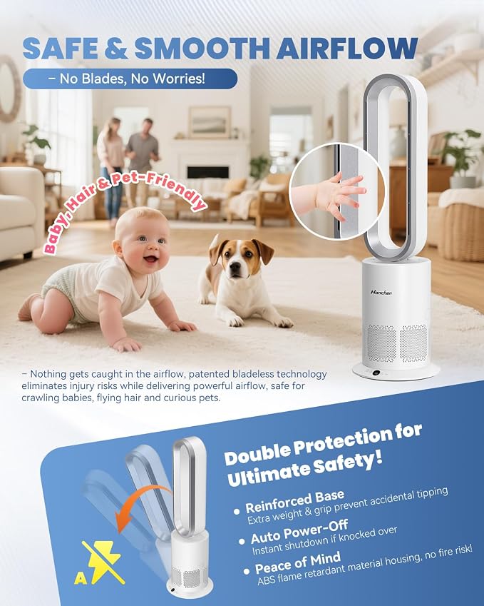 Hanchen Dual-Tech Bladeless Tower HEPA Fan, Ultra-Quiet 3-in-1 Cooling, Heating & Air Purifier | UL Listed PTC Ceramic Fast Heat, Auto Shutoff, Sturdy Base for Home, Office & Bedroom