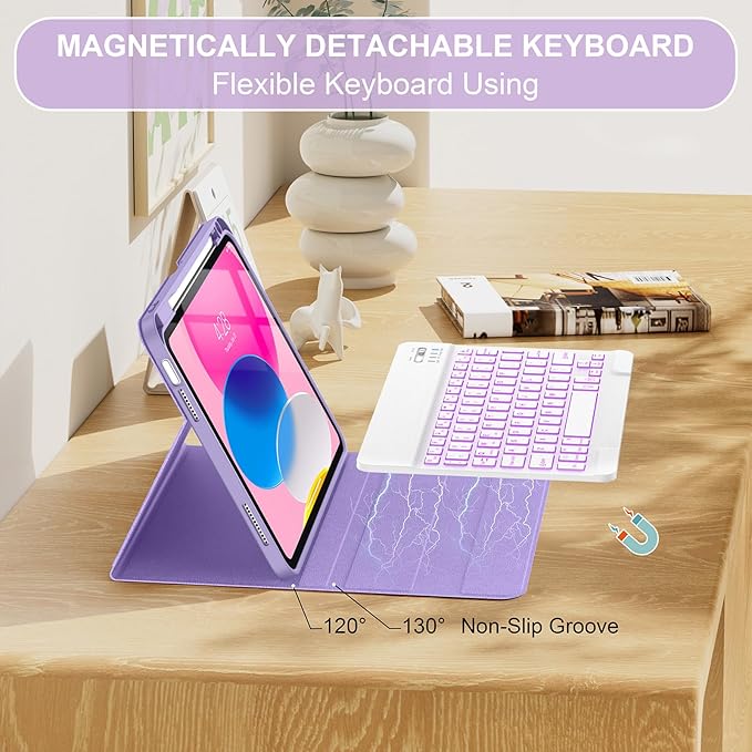 Soke for iPad (A16) 11th/10th Generation Case with Keyboard(2025/2022)-7 Color Backlight Wireless Detachable Folio Keyboard Cover with Built-in Pencil Holder for iPad 11/10.9 inch, Lilac