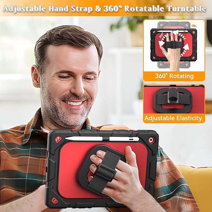 Grifobes for iPad 9th/8th/7th Generation Case, for iPad 10.2 Inch 2021/2020/2019 Case Cover with Screen Protector, 360°Rotate Stand, Hand & Shoulder Strap, Pencil Holder for Kids, Black Red