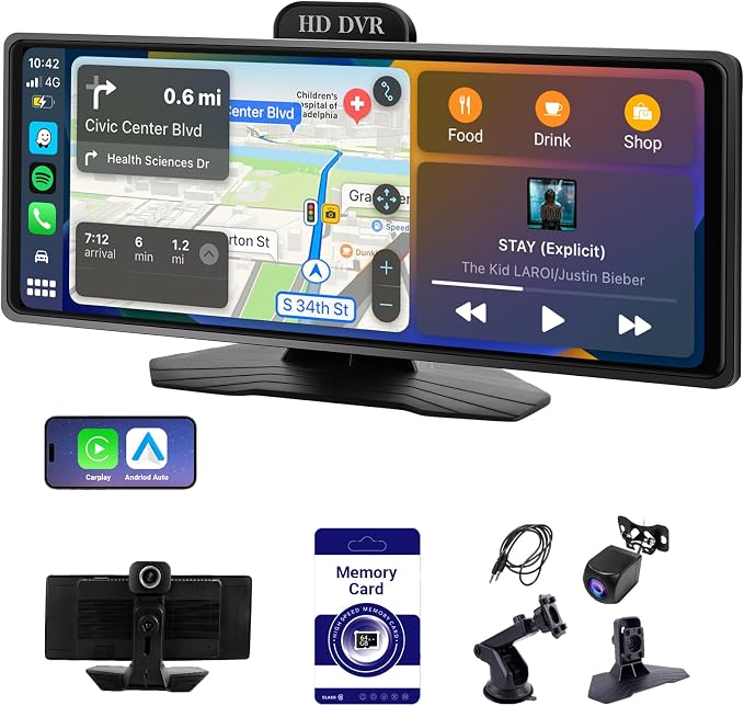 Haudio ‌10.26 Inch Wireless CarPlay & Android Auto Car Display with 1080P Dash Cam & Backup Camera All-in-One Smart Car Stereo Free 64GB SD Card