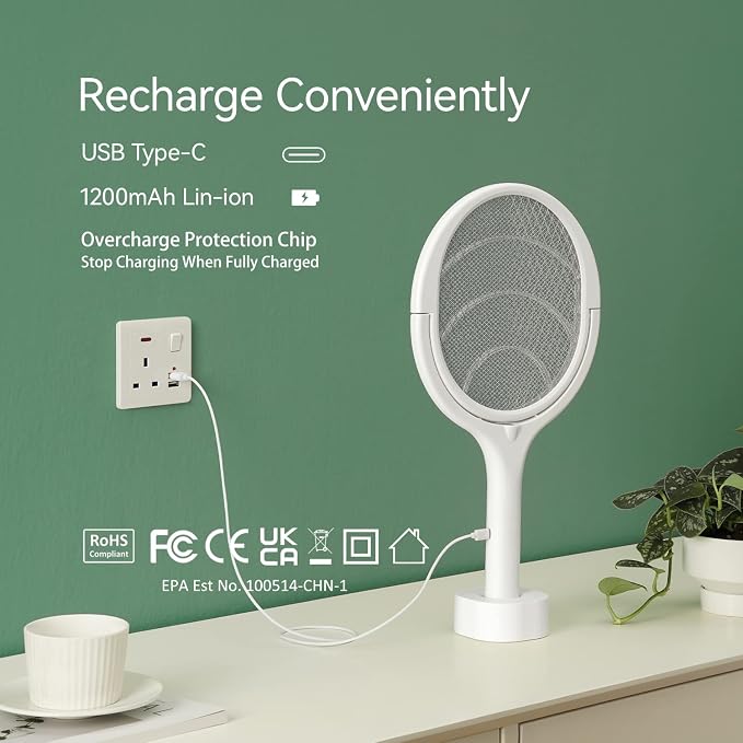 2 Pack BUGZILLA Electric Fly Swatter Racket Rotating Head Type-C Rechargeable Electric Bug Zapper Racket Mosquito Zapper Fly Zapper Racket Gnat Wasp Killer Indoor 2 Pack