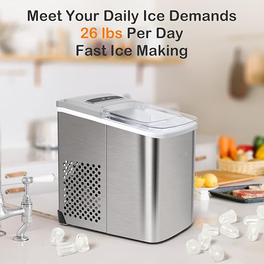 Countertop Ice Maker - 26lb Ice Daily, Large/Small Ice Option, Easy to Clean, Perfect for Home, Office, Party & Patio