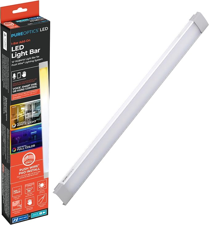 PureOptics LED Professional Push Wire Under Cabinet Light Bar, Add-on, Plug-in or Hardwire Compatible, Adjustable White and RGB LED, for Kitchen, Pantry, Cabinets, (1) 12" Bar