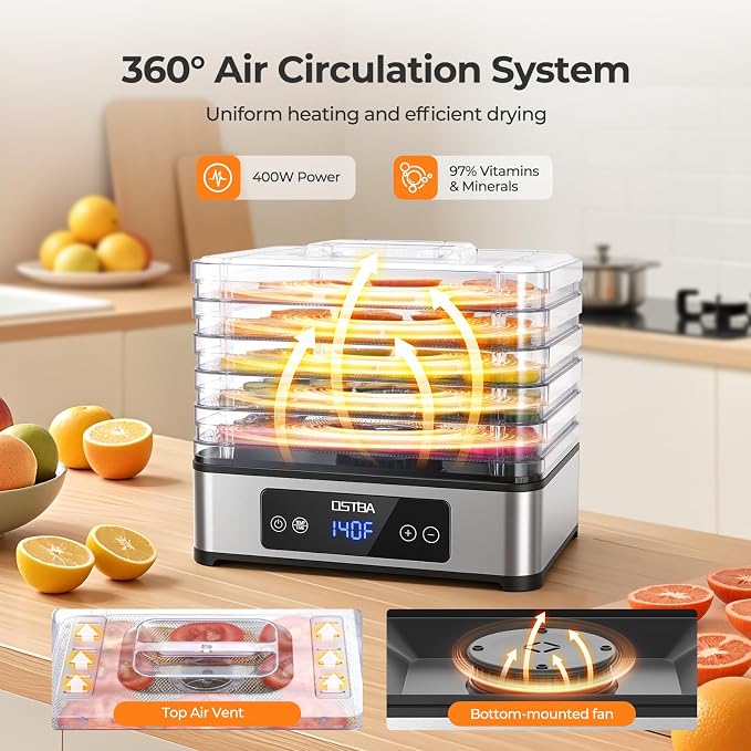 OSTBA Food Dehydrator, 5 Stainless Steel Trays, 400W Powerful Drying, 48H Timer & 95–160°F Temp Control, Quiet Small Dryer for Jerky, Fruits, Herbs, Mushrooms, BPA-Free, Recipes Included