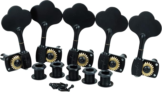 Guyker Bass Tuners (4R + 1L) - 1:22 Ratio Gear Open Frame Bass Drop Locking Machine Head Tuning Key Pegs Replacement for Electric Jazz Guitar Bass or Precision Instruments, BB100 Black