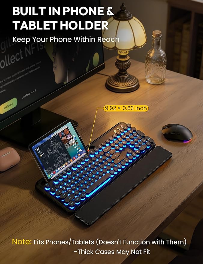 Wireless Keyboard and Mouse Combo - Backlit Typewriter Keyboard with Magnetic Wrist Rest & Phone Holder, Light Up Round Keycaps, 2.4GHz Cordless Set for Mac, Windows, PC, Laptop, SABLUTE