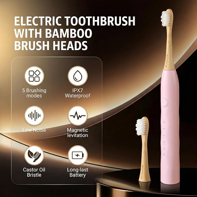 Electric Toothbrush with 4 Bamboo Heads, Bamboo Electric Toothbrush for Adults, Soft Castor Oil Bristles, 5 Modes, Smart Timer, Sonic Technology, IPX7 Waterproof, 60-Day Battery Life-Pink