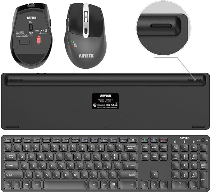 Arteck Universal Multi-Device Bluetooth Keyboard and Mouse Full Size Wireless Bluetooth Keyboard and Ergonomic Mouse Set for Windows, iOS, Android, Computer Desktop PC Laptop iPad Tablet Smartphone